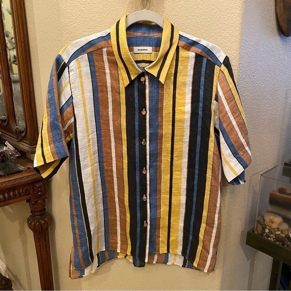 NWT~SANDRO Women Bronx Striped Linen Blend Button Short Sleeve Top Size 3(L) - Picture 2 of 15